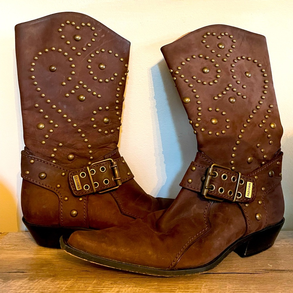 Padovan Brown Studded Buckle Italian Leather Boots 7.5